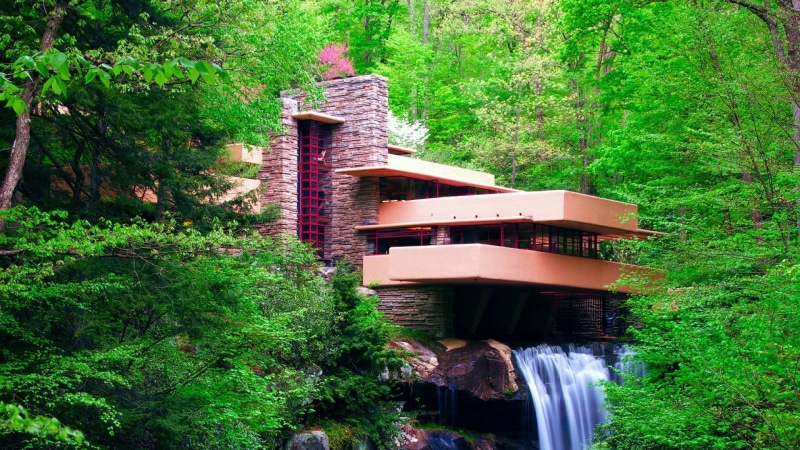 land, leaves, Frank Lloyd Wright, Pennsylvania, rock, USA, landscape, concrete, architecture, built structure, tree, water, house, transportation, waterfall