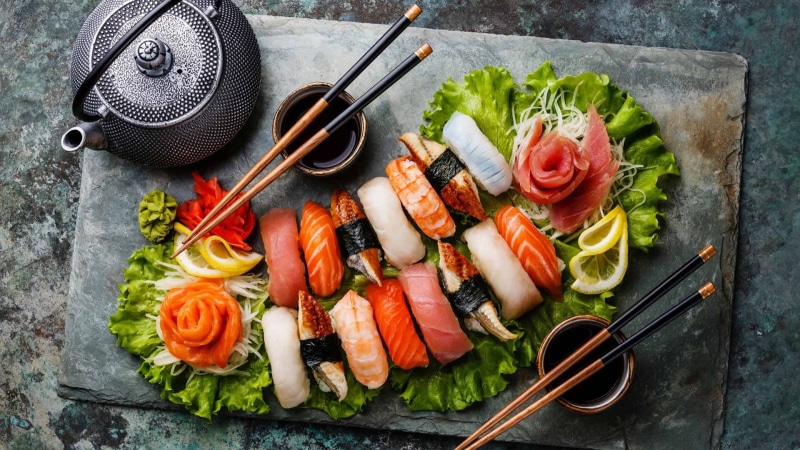 raw food, animal source foods, asian food, no people, salmon - seafood, crustacean, vegetable, meat, japanese food, fish, table, freshness, healthy eating
