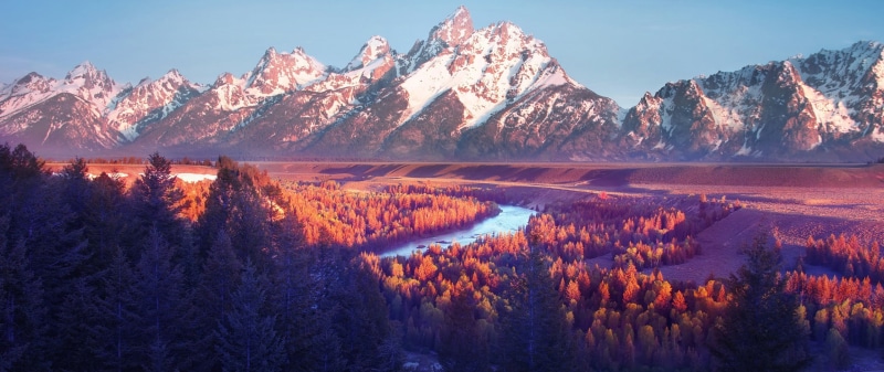 sky, beauty in nature, landscape, land, mountain peak, environment, winter, autumn, non-urban scene, nature, ultra-wide, coniferous tree, tranquility, river