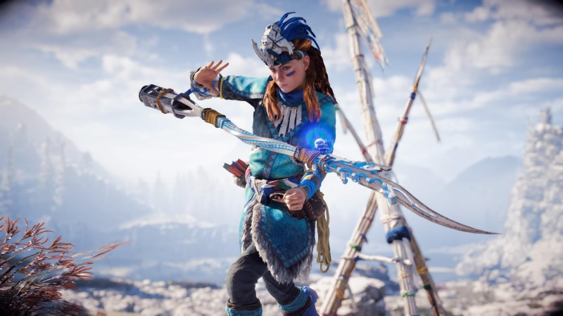 video games, freedom, beauty in nature, mountain range, nature, warm clothing, mountain, fashion, adventure, winter, vacations, Horizon: Zero Dawn, holding