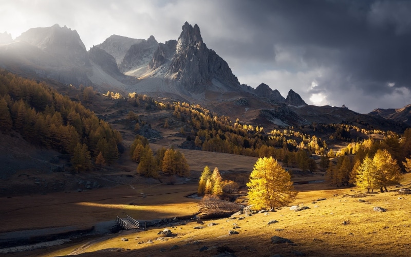 tree, valley, lake, sunset, sunlight, trees, 1080P, untitled, european Alps, vacations, landscape, mountain, yellow, autumn, mountains, day, mountain Range