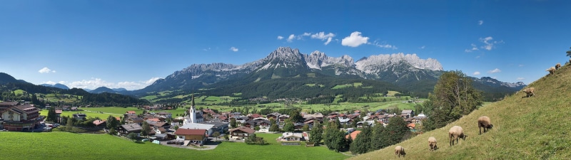 valley, no people, land, panoramic, blue, 4K, grass, town, Austria, travel destinations, dual monitors, landscape, greenfield, multiple display, building exterior