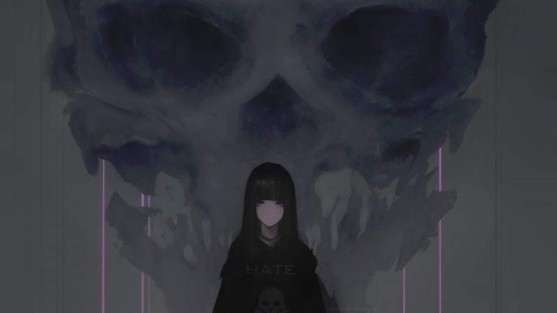 purple eyes, original characters, hate, hate-chan, anime, Aoi Ogata, women, anime girls, long hair, skull, looking at viewer, brunette, artwork, black hair