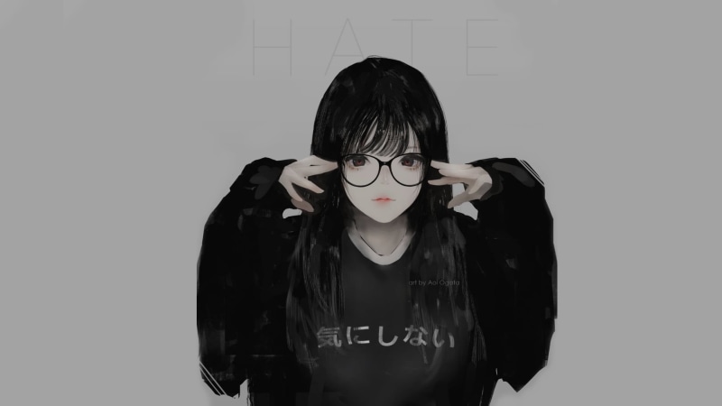 artwork, looking at viewer, digital art, black clothing, 1080P, women with glasses, original characters, hate-chan, black hair, minimalism, illustration