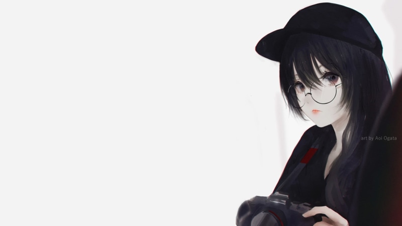 minimalism, artwork, camera, simple background, black clothing, women with glasses, illustration, original characters, Aoi Ogata, digital art, 1080P, black hair