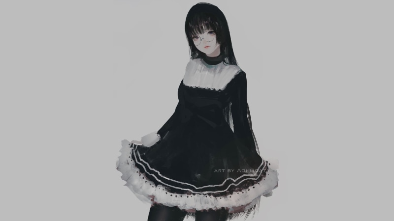 original characters, women with glasses, 1080P, black hair, digital art, looking at viewer, black clothing, simple background, maid outfit, hate-chan