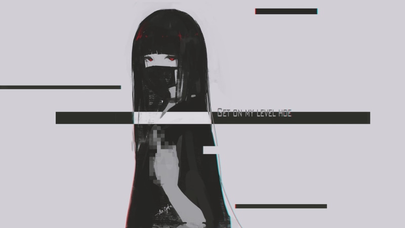black hair, middle finger, 1080P, original characters, mask, hate-chan, digital art, red eyes, anime girls, looking at viewer, Aoi Ogata