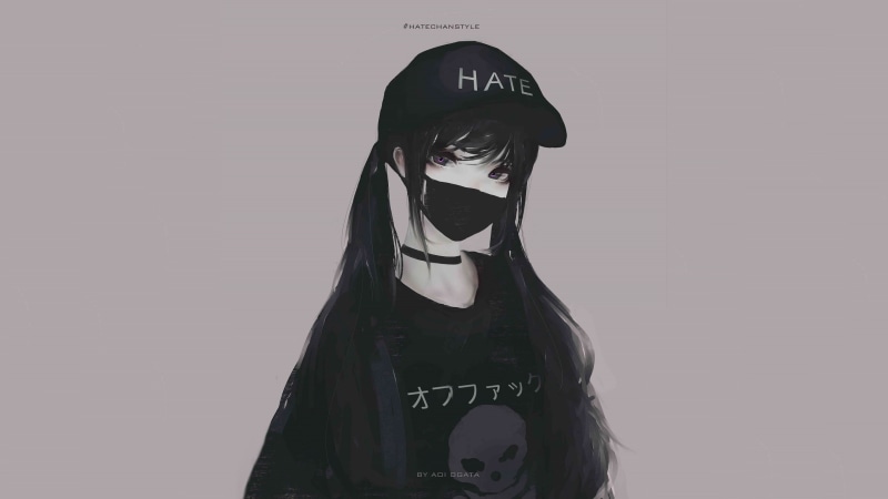 mask, anime, digital art, long hair, 2K, choker, Aoi Ogata, women, anime girls, hate-chan, Asian, purple eyes, black hair, pigtails, baseball caps, brunette