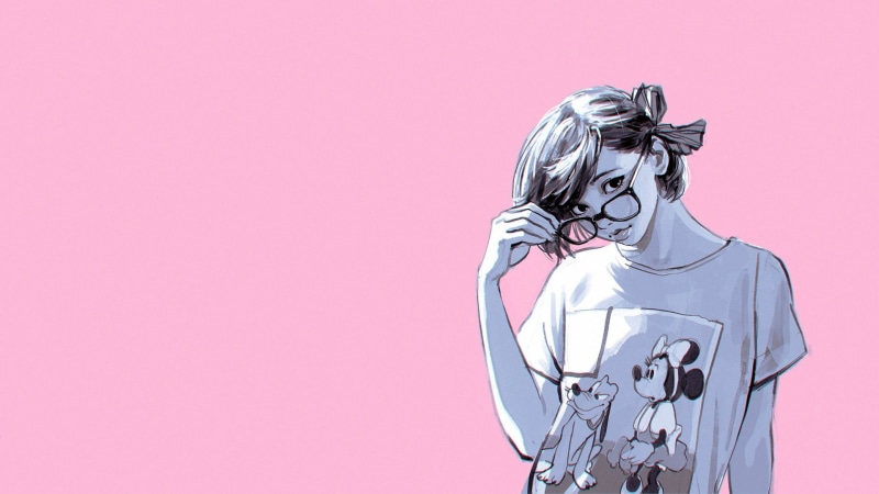 hairstyle, wearing, one person, copy space, pink color, beautiful woman, beauty, colored background, Ilya Kuvshinov, digital composite, hair, women, standing