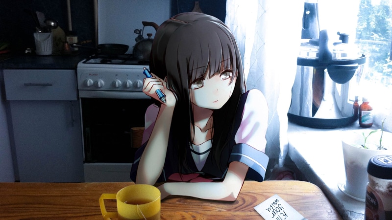 home interior, lifestyles, anime, casual clothing, female, child, kitchen, domestic room, real people, disguise, representation, anime girls, men, indoors