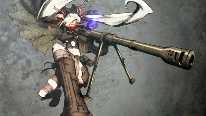 mode of transportation, low section, rifle, shoe, gun, character, anime, sniper rifle, outdoors, one person, white, haired, twintails, leisure activity