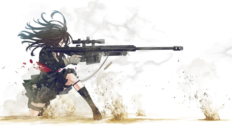 white background, clothing, protection, blood, armed forces, security, simple background, girls with guns, aiming, holding, motion, uniform, conflict, Kozaki Yuusuke