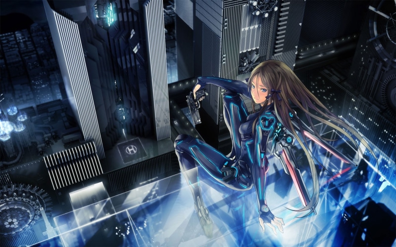 character, long hair, blue eyes, women, occupation, illustration, blonde, futuristic, hair ornament, manga, working, haired, city, technician, cyberpunk