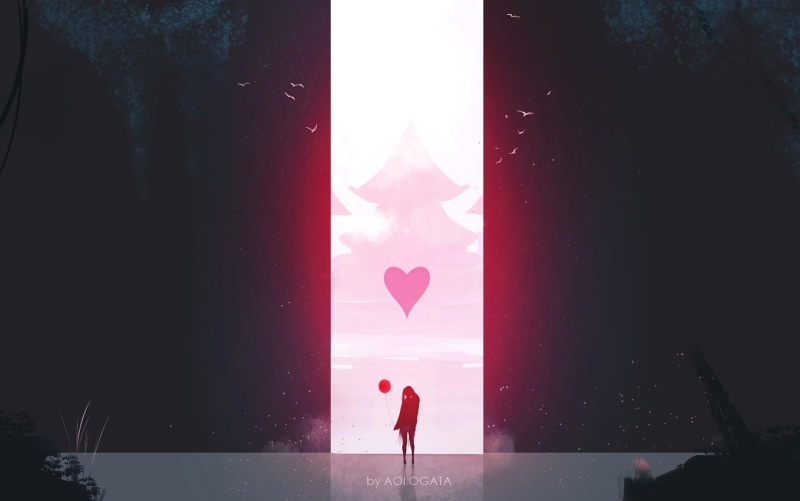 one person, heart shape, love, balloon, artwork, silhouette, standing, characters, Aoi Ogata, real people, pink color, outdoors, red, anime, 2K, women