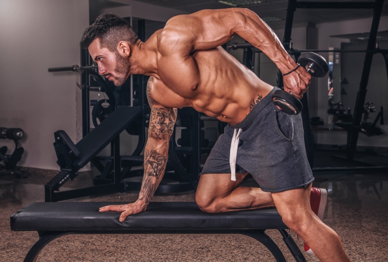 figure, shorts, pose, exercise, the gym, male, athlete, simulators, tattoo, bodybuilding, dumbbell, muscles, 5K