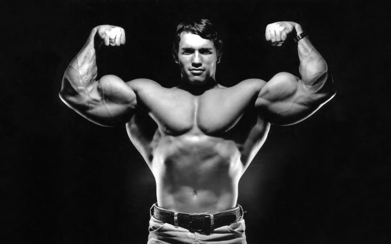 shirtless, one person, athlete, black background, portrait, adult, bicep, Arnold Schwarzenegger, monochrome, studio shot, body part, front view, human body part