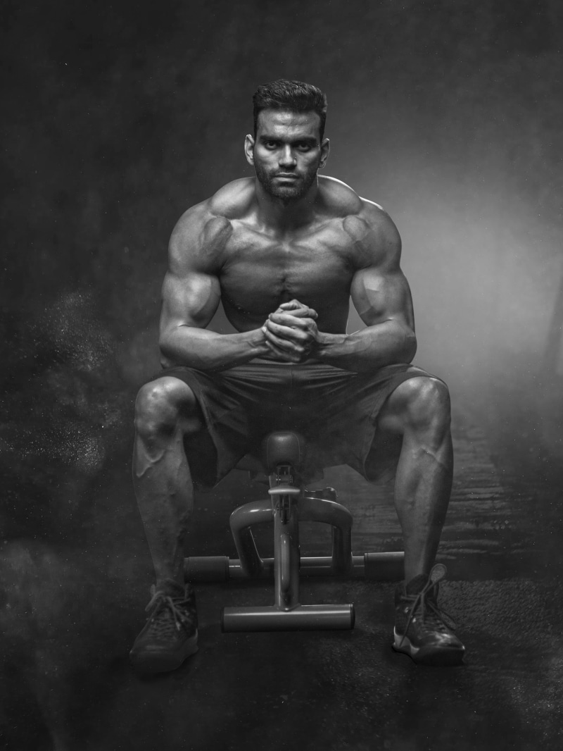 bench, adult, exercising, grayscale, fitness, photo, looking at camera, black and white, sports training, portrait, man, position, bodybuilder, lifestyles