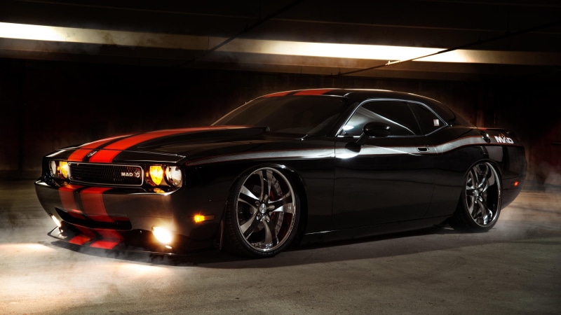 wheel, muscle car, sports car, 4K, dodge challenger, stripes, red stripes, redlines, classic car, vehicle, dodge, performance car, car
