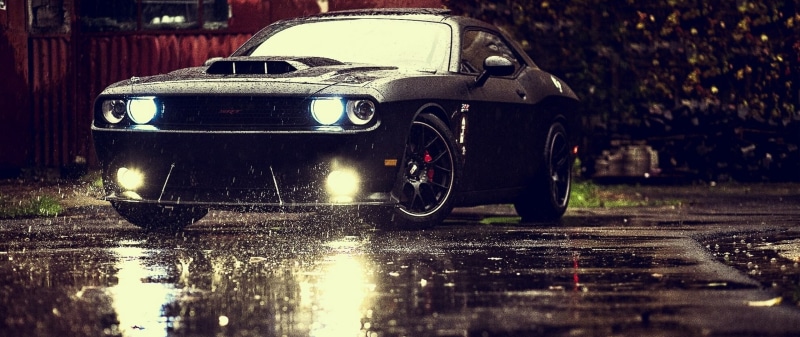 mode of transportation, day, no people, city, rain, transportation, motor vehicle, focus on foreground, headlight, land vehicle, Dodge Challenger Hellcat
