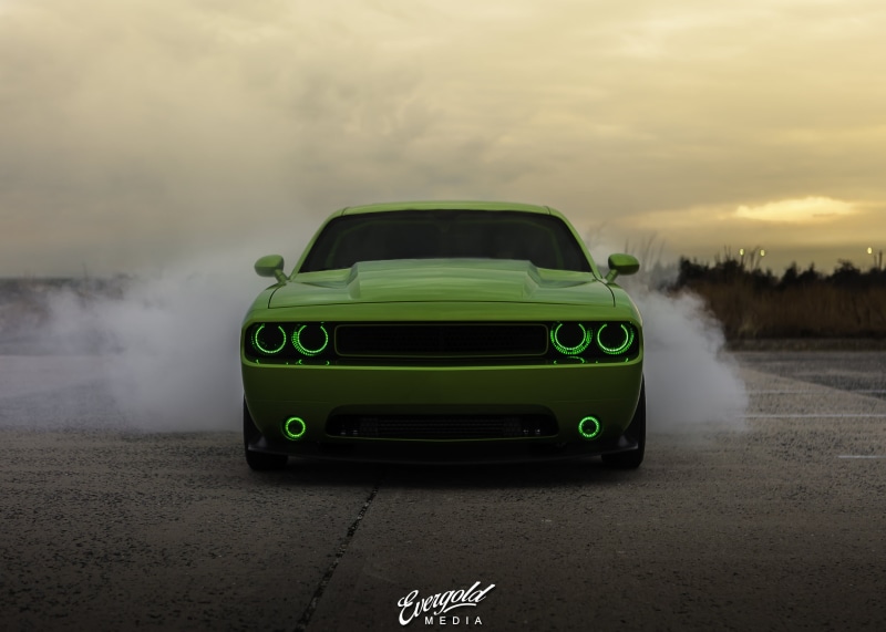 day, outdoors, land vehicle, 1080P, car, on the move, green color, transportation, green cars, mode of transportation, travel, sky, nature, Dodge Challenger