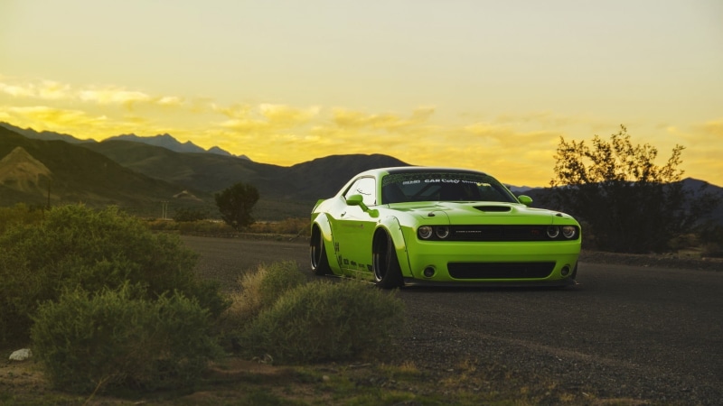 no people, outdoors, tree, field, beauty in nature, landscape, sunset, car, sky, Dodge Challenger, motor vehicle, transportation, mountain, 1080P, Dodge