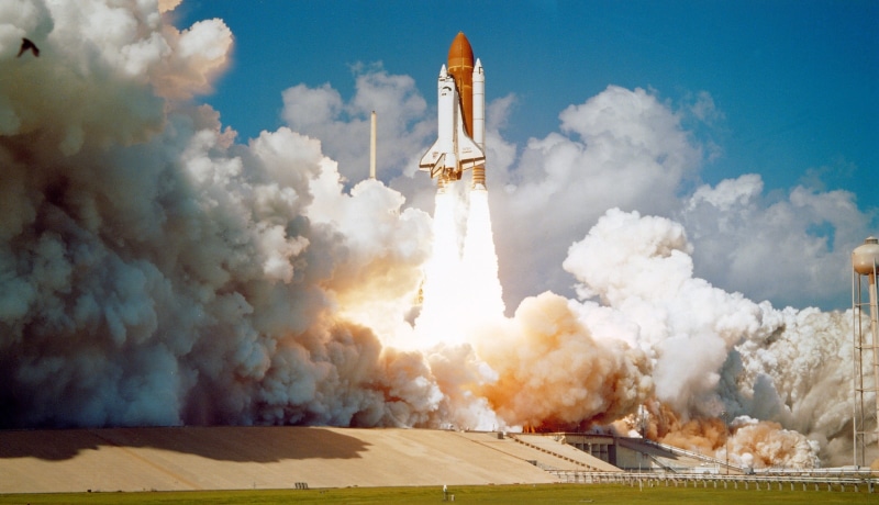 sky, outdoors, brown, military, transportation, smoke - physical structure, no people, mission, flight, 1080P, cloud - sky, rocket, spacecraft, government