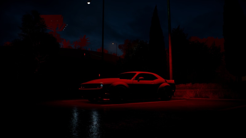 motor vehicle, night, white, red, Need for Speed, sports car, travel, motion, tree, 5K, mystery, city, nature, Dodge Challenger, transportation, dark