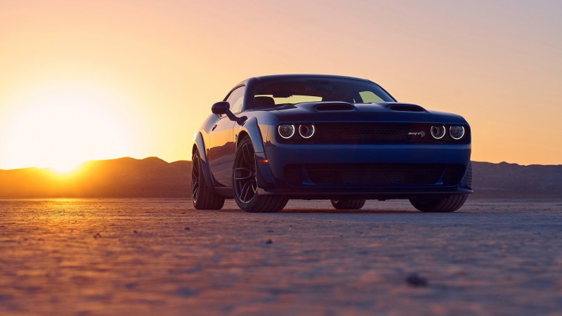 Sunset, Dodge Challenger SRT Hellcat, 1080P, Desert, Luxury Car, Blue Car, Dodge Challenger SRT, Dodge