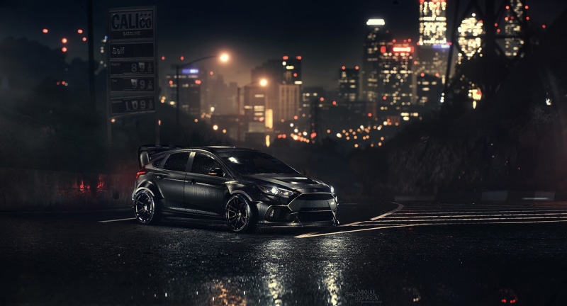 car, mode of transportation, Ford Focus RS, vehicle, 1080P, city street, city, Ford, night, building exterior, rain, wet, road, architecture, city life