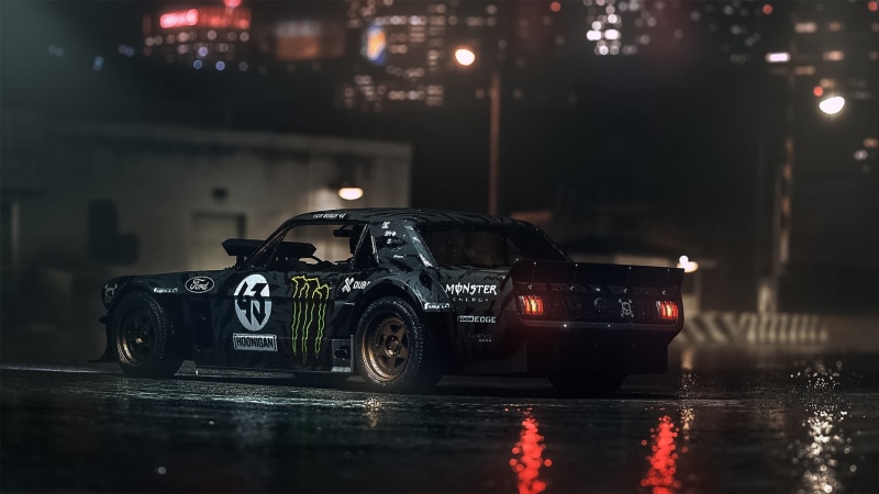 black color, sports car, transportation, 1965, illuminated, SEVEN, Ford, tire, Dark, city, night, Mustang, mode of transportation, built structure, 1080P