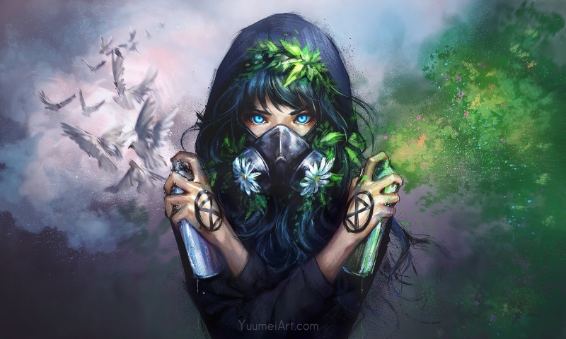 digital art, 1080P, hoods, graffiti, nature, gas masks, digital, flowers, fantasy art, drawing, women, dove, white, digital painting, artwork, plants
