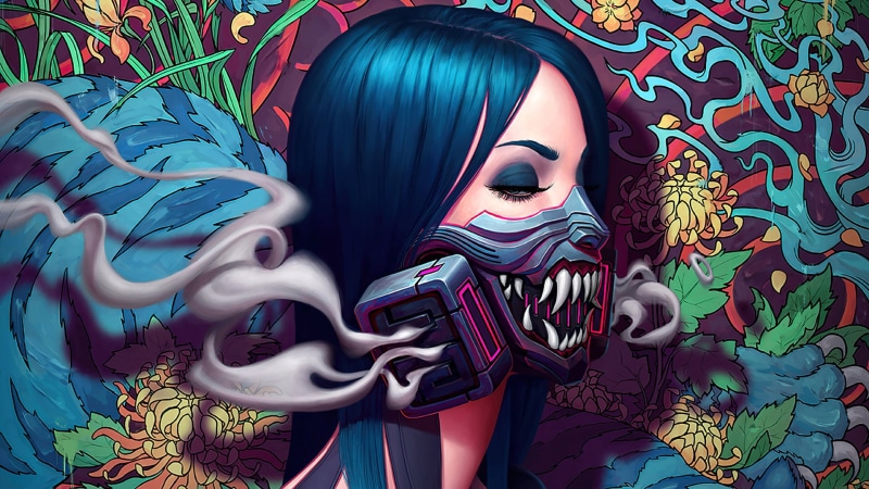 painting, cyberpunk, 1080P, oni mask, gas masks, artwork