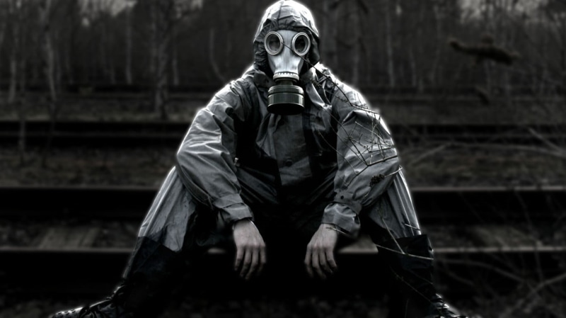 clothing, mask, full length, adult, railway, person, day, focus on foreground, leisure activity, gas, architecture, 720P, uniform, one person, lifestyles