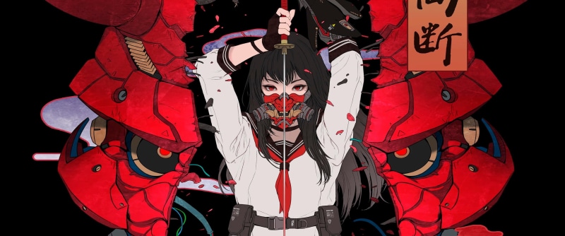 anime girls, black hair, gas masks, anime, red eyes, Cyberpunk 2077, 2K
