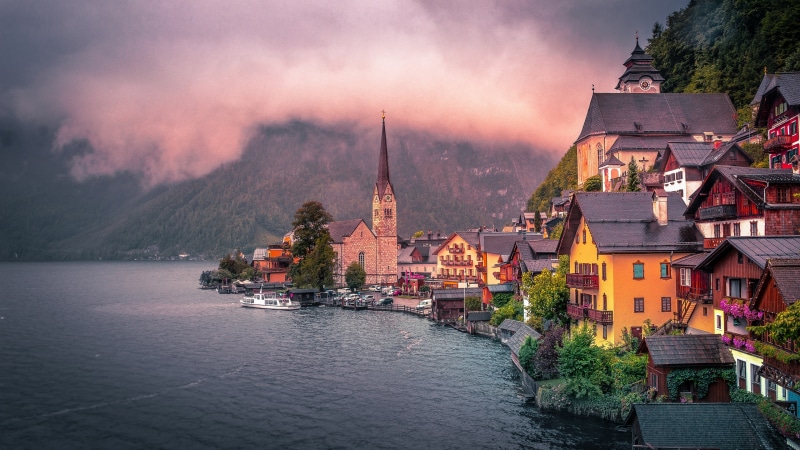 mountain lake, austria, sky, hallstattersee, hill station, lake, town, tourist attraction, hallstatt, tourism, village, mountain, mountain village, 4K