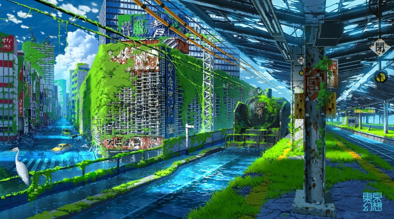 car, train station, fantasy art, railway, train, vehicle, modern, apocalyptic, digital, anime, nature, transport, grass, 1080P, ruin, sky, colorful, anime sky