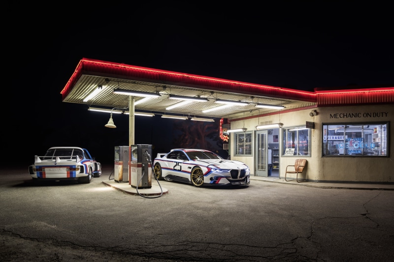 red, built structure, mode of transportation, gas station, BMW 3.0, no people, street, land vehicle, garage, illuminated, parking garage, Hommage R, refueling