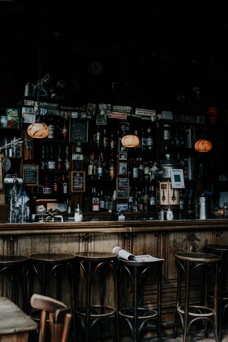 bar - Drink Establishment, moody, station, drink, counter, vintage, urban Scene, booze, restaurant, table, stool, empty, dark, night, bar, pub, urban, cafe