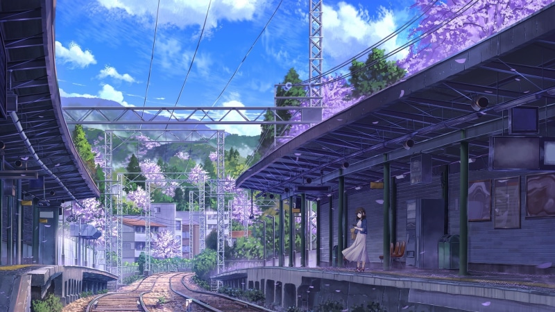 train station, anime art, 1080P, track, anime girl