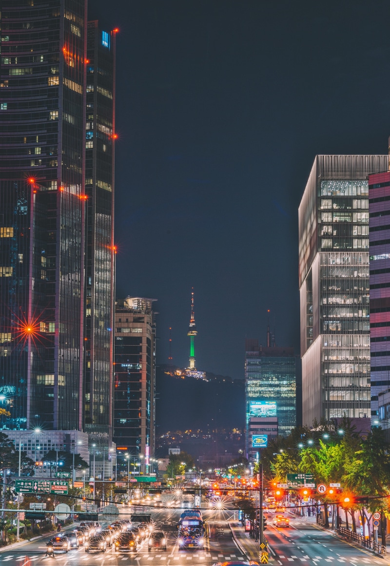 city, seoul tower, yongsan, city street, sky, night, no people, cityscape, skyscraper, namsan, outdoors, transportation, passing, architecture, car, drive