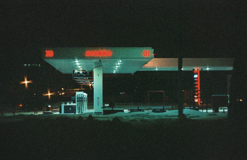 night, built structure, street, nature, pavement, gas pump, gasoline, architecture, evening, lighted, gas station, transportation, sky, illuminated, building exterior