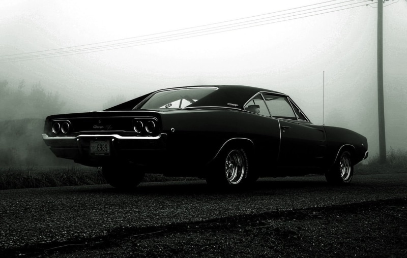 retro styled, motor vehicle, Dodge Charger, 720P, outdoors, mode of transportation, muscle, stationary, land vehicle, fog, day, street, car, parking, sky