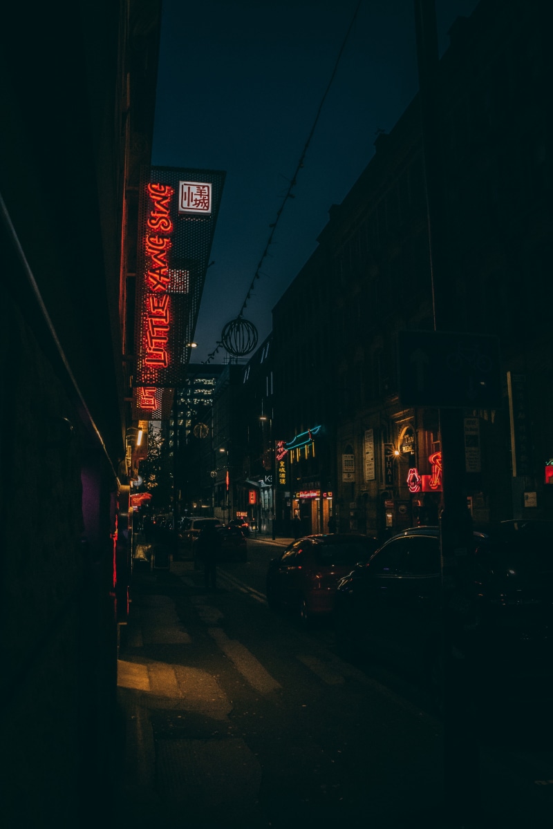 culture, mode of transportation, night, street photography, blessuh, city street, manchester, text, architecture, manchester chinatown, building exterior