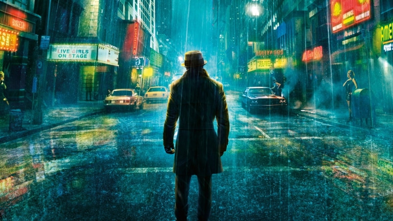 Rorschach, one Person, blurred Motion, businessman, architecture, urban Scene, wearing, people, dark, city Life, neon, urban, walking, cyan, downtown District