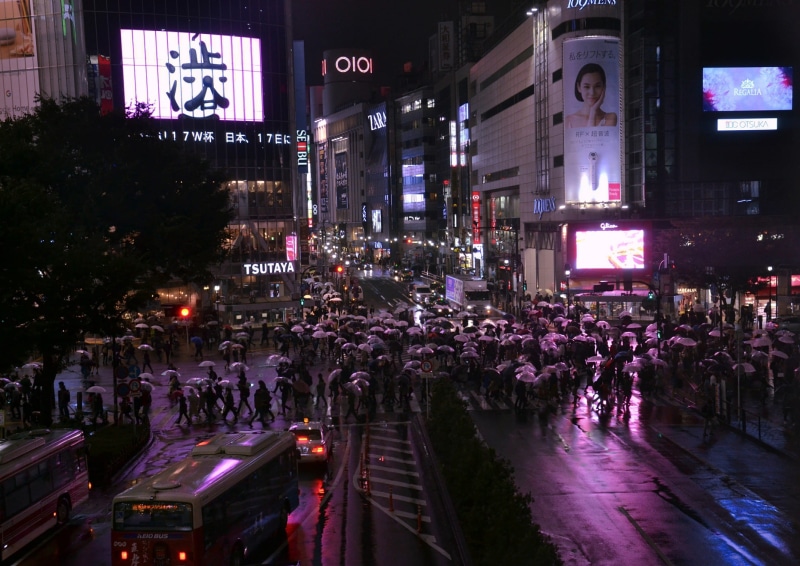 nightlife, neon lights, transportation, shibuya crossing, architecture, crowd, large group of people, shibuya, umbrellas, tokyo, japan, illuminated, outdoors