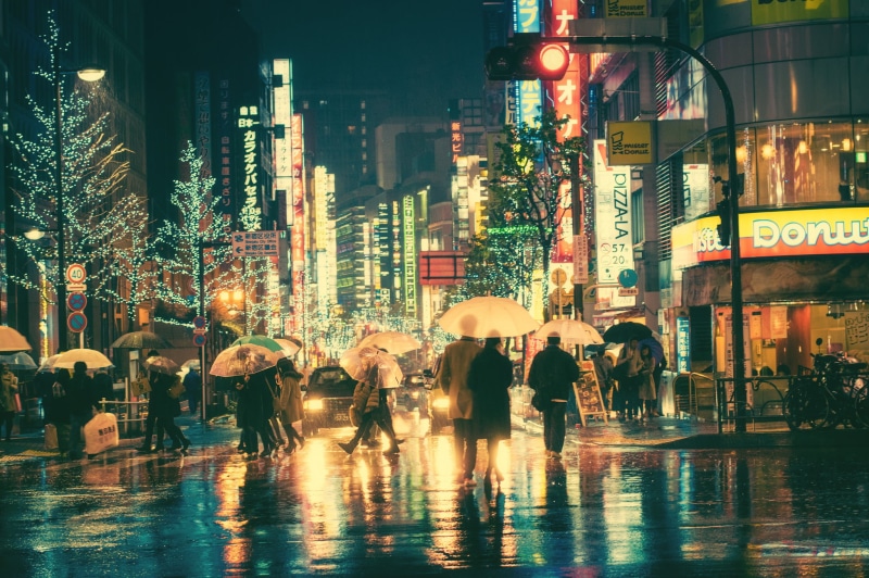 building exterior, wet, walking, water, street, rainy season, built structure, group of people, Japan, office building exterior, real people, outdoors