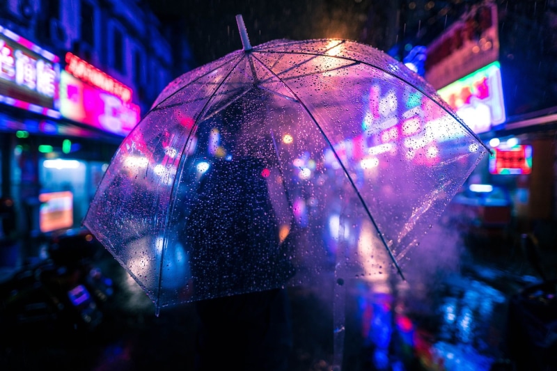 security, one person, 1080P, city life, city, people, neon lights, dark, night, multi colored, wet, umbrella, protection, focus on foreground, rain, illuminated