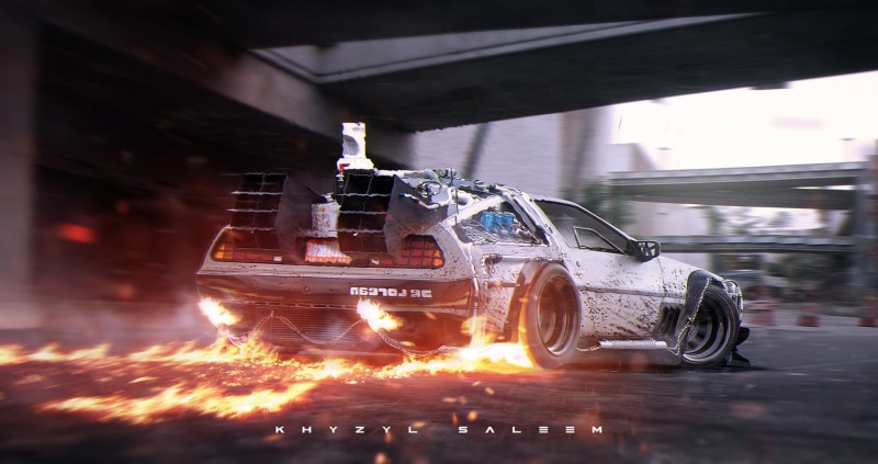 silver, DMC-12, fire, 1080P, road, rear, Back to the Future, Khyzyl Saleem, flame, the DeLorean, DeLorean, photoshop, silvery, Digital art