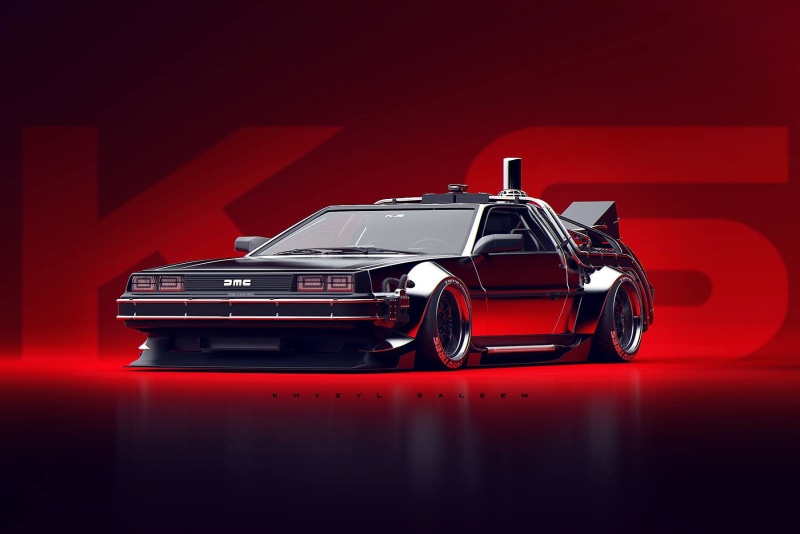 artwork, Back to the Future, Khyzyl Saleem, render, car, 720P, vehicle, widebody, DeLorean, simple background, DMC DeLorean