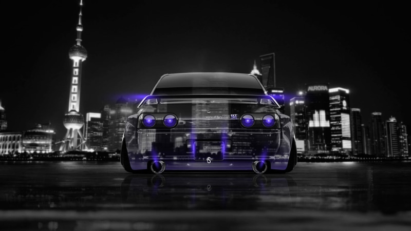 el Tony Cars, water, R32, no people, reflection, Back, waterfront, GTR, architecture, nature, skyscraper, Rear View, 1080P, Neon, Skyline, Nissan, Crystal